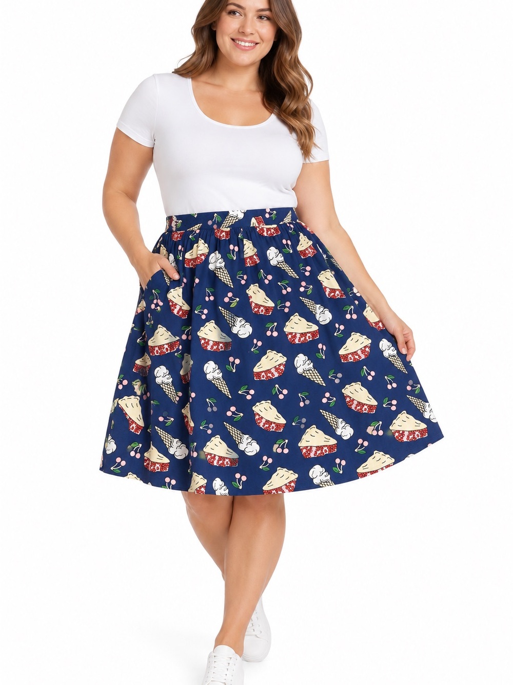 ModCloth Sweet Spot Skirt 1X Navy Cherry Pie Ice Cream Novelty Print A-Line